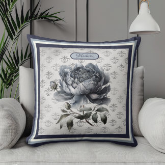 Vintage floral Blue chinoiserie toile monogram  Cushion