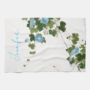 Vintage Floral Blue Green Pastel Colours Name Tea Towel