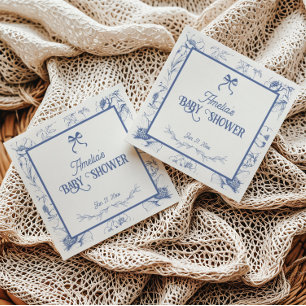 Vintage Floral Blue Ornament Baby Shower Napkins