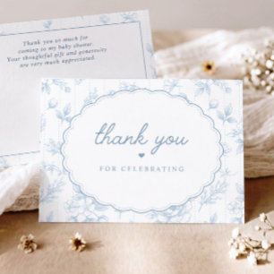 Vintage Floral Blue Scalloped Oval Baby Shower Thank You Card