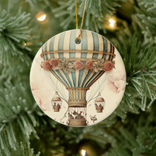 Vintage Floral Blue Stripe  Hot Air Balloon Ceramic Tree Decoration
