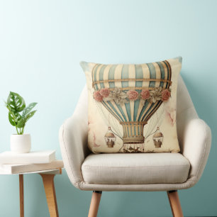 Vintage Floral Blue Stripe  Hot Air Balloon Cushion