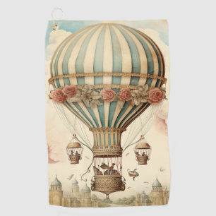 Vintage Floral Blue Stripe Hot Air Balloon Golf Towel