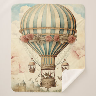 Vintage Floral Blue Stripe Hot Air Balloon Sherpa Blanket