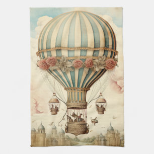 Vintage Floral Blue Stripe Hot Air Balloon Tea Towel