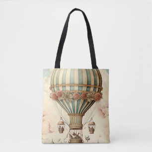 Vintage Floral Blue Stripe  Hot Air Balloon Tote Bag