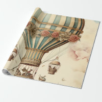 Vintage Floral Blue Stripe Hot Air Balloon