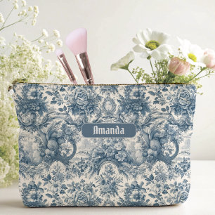 Vintage floral Blue toile de jouy monogram Accessory Pouch