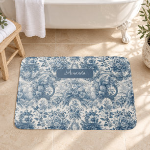 Vintage floral Blue toile de jouy monogram Bath Mat