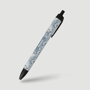 Vintage floral Blue toile de jouy monogram Black Ink Pen