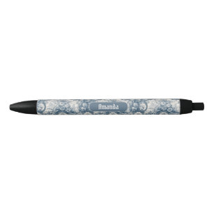 Vintage floral Blue toile de jouy monogram Black Ink Pen