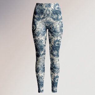 Vintage floral Blue toile de jouy monogram Capri Leggings