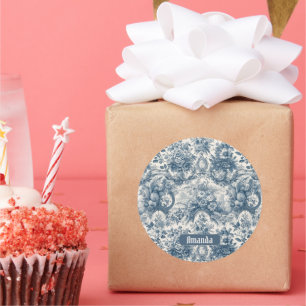 Vintage floral Blue toile de jouy monogram Classic Round Sticker