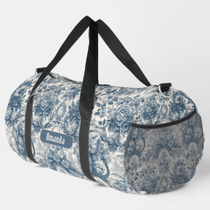 Vintage floral Blue toile de jouy monogram Duffle Bag