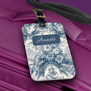 Vintage floral Blue toile de jouy monogram Luggage Tag
