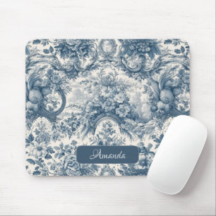 Vintage floral Blue toile de jouy monogram Mouse Mat