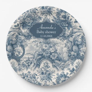 Vintage floral Blue toile de jouy monogram Paper Plate