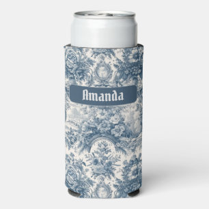 Vintage floral Blue toile de jouy monogram Seltzer Can Cooler