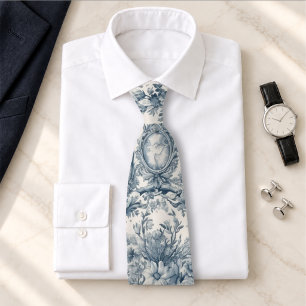 Vintage floral Blue toile de jouy monogram Tie