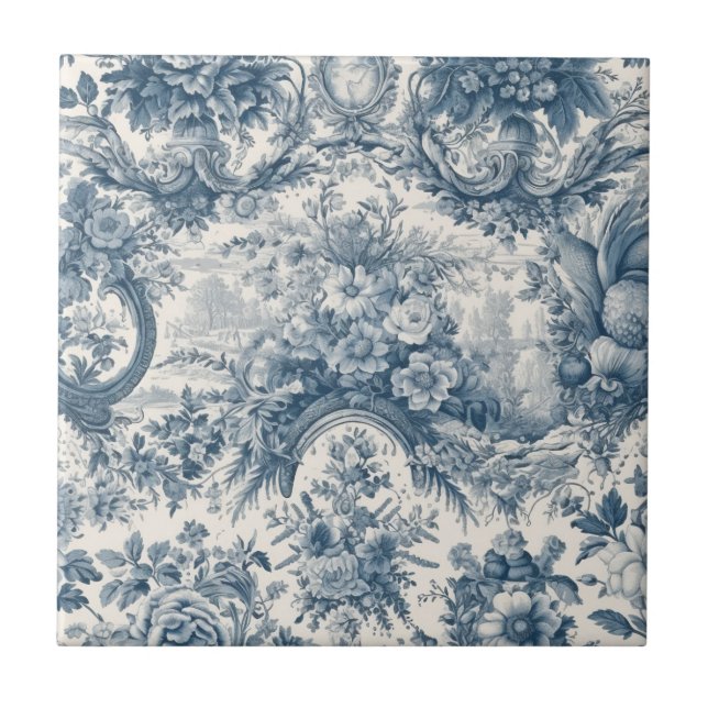 Vintage floral Blue toile de jouy monogram Tile (Front)