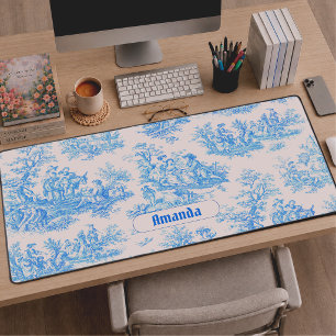 Vintage floral blue turquoise toile jouy monogram desk mat