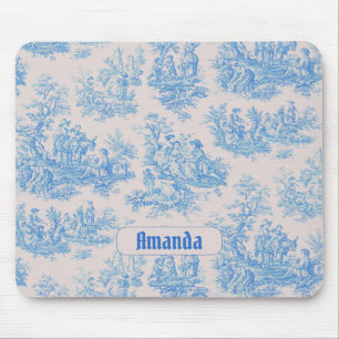 Vintage floral blue turquoise toile jouy monogram mouse mat