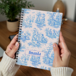 Vintage floral blue turquoise toile jouy monogram notebook
