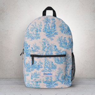Vintage floral blue turquoise toile jouy monogram printed backpack
