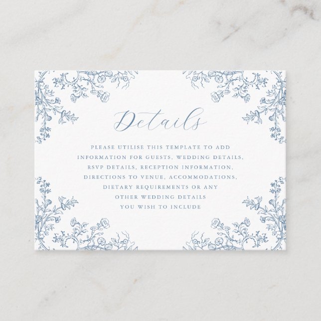 Vintage Floral Blue Wedding Details  Enclosure Card (Front)