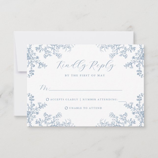 Vintage Floral Blue Wedding RSVP Card (Front)