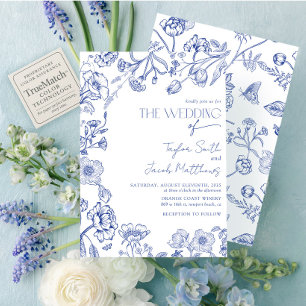 Vintage Floral Blue & White Calligraphy Wedding Invitation