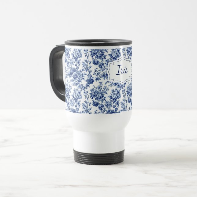Vintage Floral Blue White Personalized Travel Mug (Front Left)