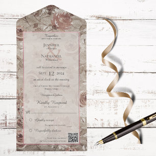 Vintage Floral Blush and Rose Gold with QR Code All In One Invitation