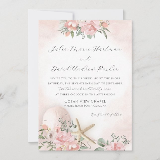 Vintage Floral Blush Beach Wedding Invitation (Front)