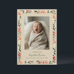Vintage Floral Blush Newborn Photo Baby Birth Announcement<br><div class="desc">This birth announcement features a newborn photo on a warm beige background, with the baby's name in handwritten script and birth date, weight, and length below. A lush border of pink peonies and deep green leaves frames the whole card in a vintage botanical style — soft, romantic, and classic for...</div>
