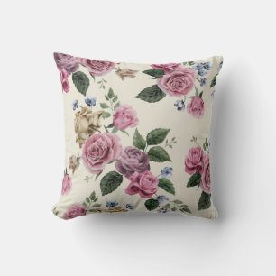 Vintage Floral Blush Pink & Lavender Rose Flowers Cushion