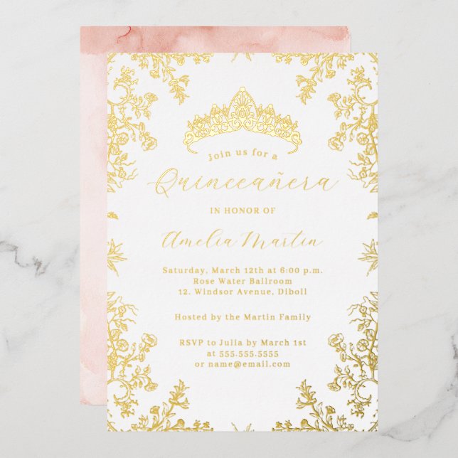 Vintage Floral Blush White Gold Quinceanera  (Front/Back)