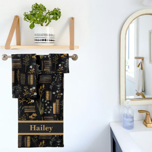 Vintage Floral Book Lover Name - Dark Academia Bath Towel Set