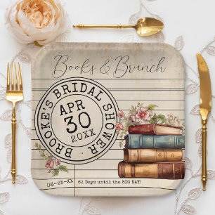 Vintage Floral Books Library Card Bridal Shower Paper Plate