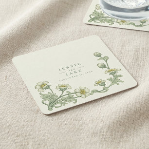 Vintage Floral Border Wedding classic art nouveau Square Paper Coaster