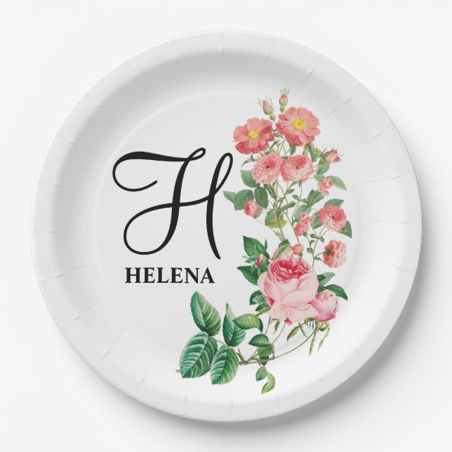 Vintage Floral Botanical Customised Monogram Paper Plate (Front)