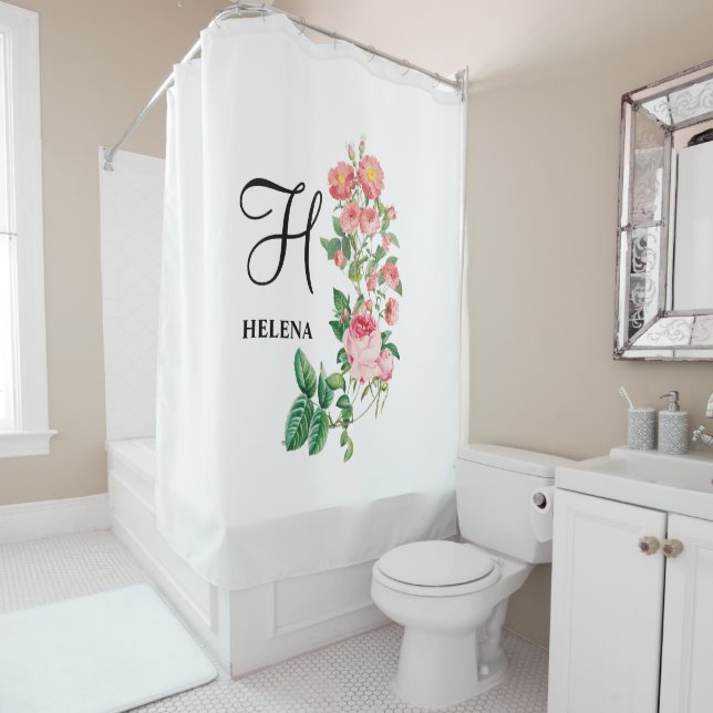 Vintage Floral Botanical Customised Monogram Shower Curtain (In Situ)