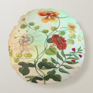 Vintage Floral Botanical Illustration Flowers Art Round Cushion
