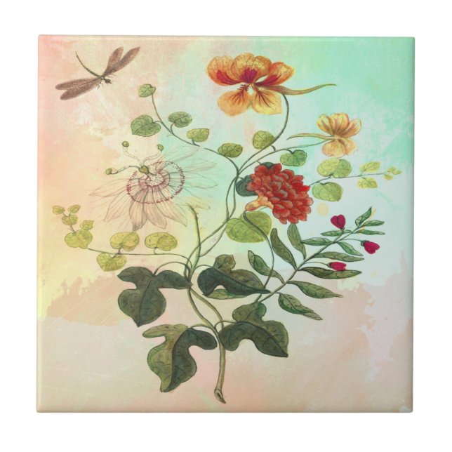 Vintage Floral Botanical Illustration Flowers Art Tile (Front)