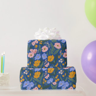 Vintage Floral Botanical Pink Orange Blue Wrapping Paper