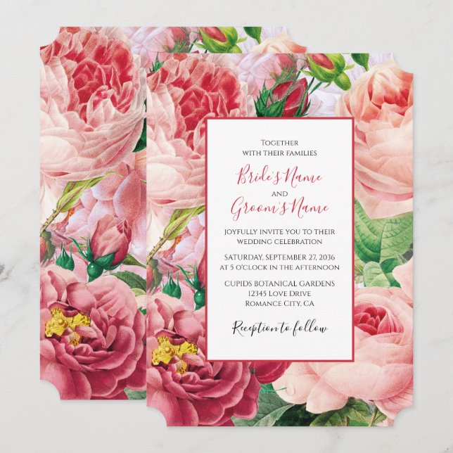 Vintage Floral & Botanical Pink Roses Wedding Invitation (Front/Back)