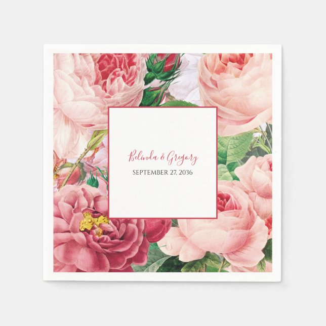 Vintage Floral & Botanical Pink Roses Wedding Napkin (Front)