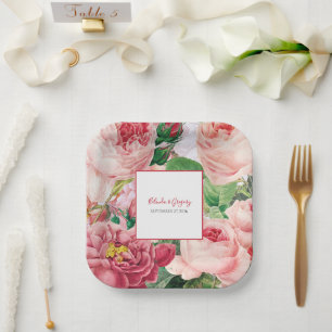 Vintage Floral & Botanical Pink Roses Wedding  Paper Plate