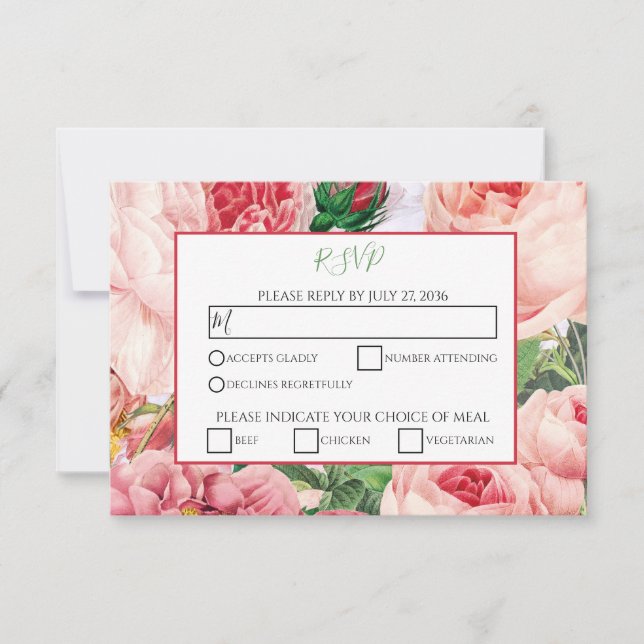 Vintage Floral & Botanical Pink Roses Wedding RSVP (Front)