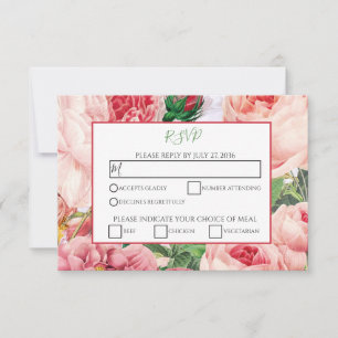 Vintage Floral & Botanical Pink Roses Wedding RSVP Card